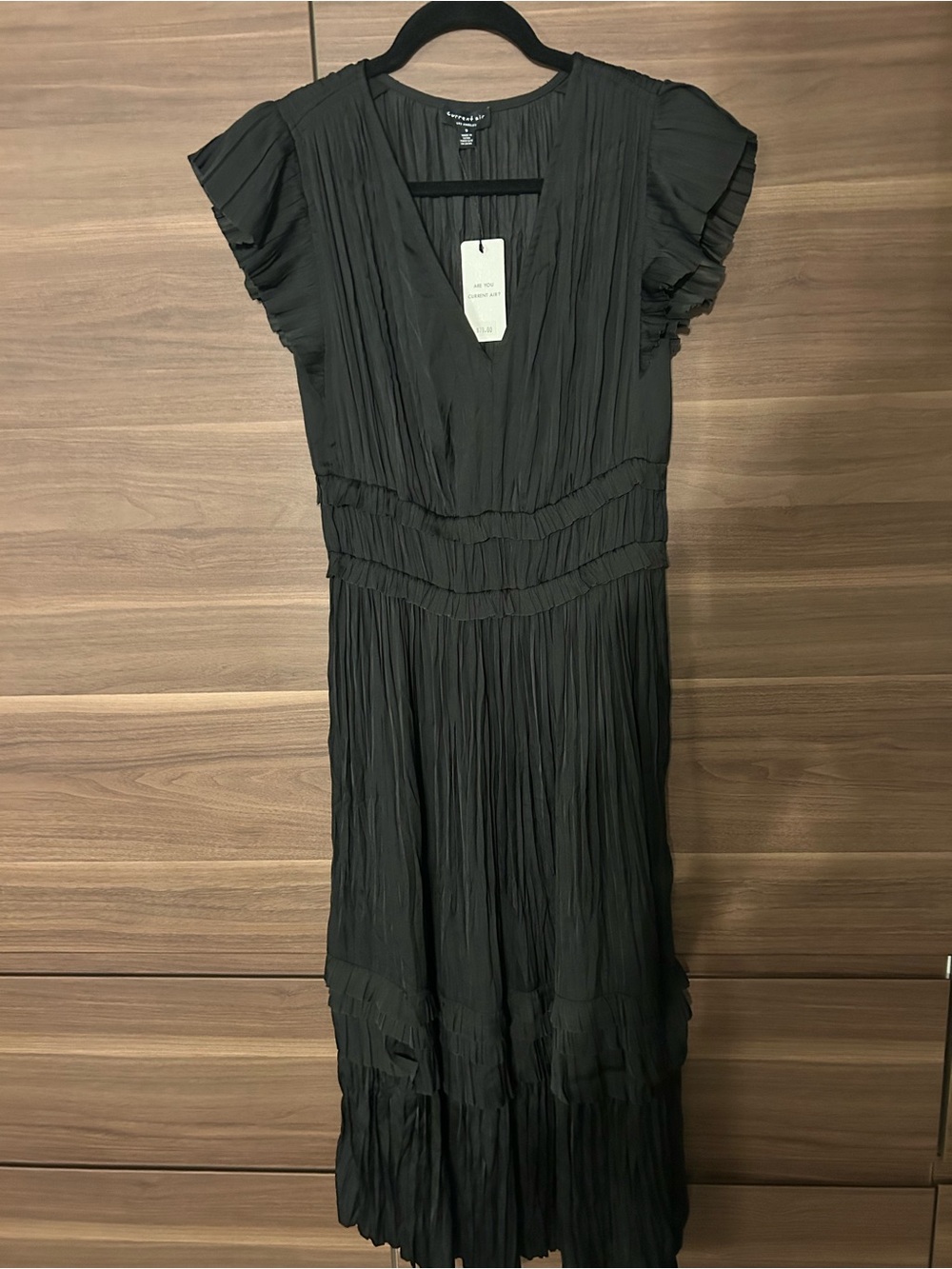 Current Air Black Pleated V-Neck Midi Dress